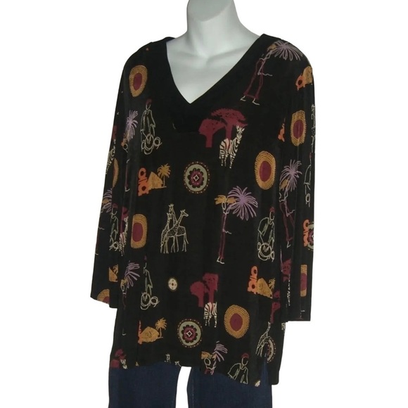 Vintage Top Slinky Brand African Safari Blouse Black USA Made Animal Soft Sz M - Picture 3 of 8
